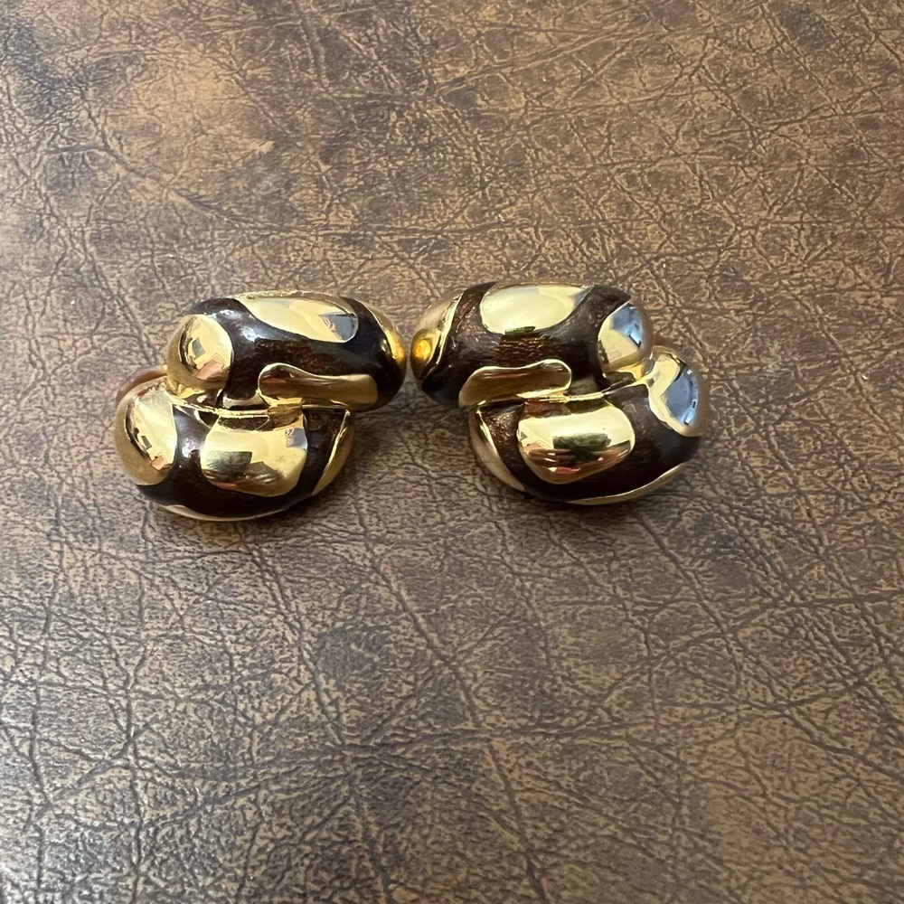 St. John Costume gold colored with brown lacquer design clip on earrings